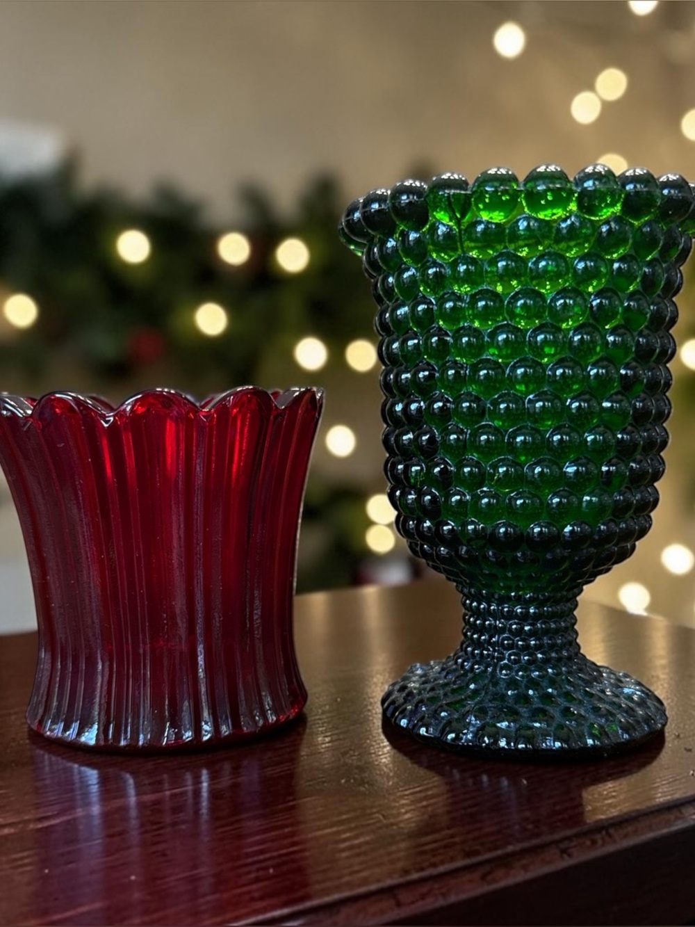 Vintage Fenton Green Hobnail Pedestal & Ruby Red Fluted Glass Votive Candle Hold
